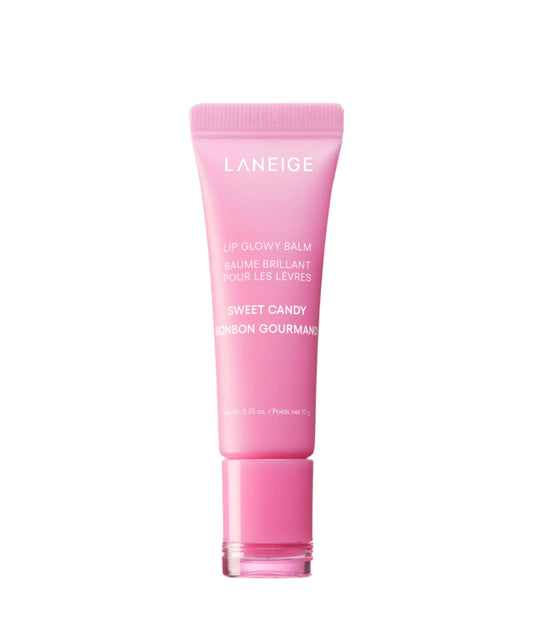 The 10g Laneige Lip Glowy Balm - Sweet Candy flavor contains shea and murumuru butters for a luscious finish. Its sleek pink tube features English and French text, providing a glass skin glow for your lips.