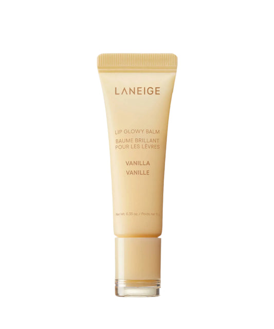 A 10g Laneige Lip Glowy Balm - Vanilla, packaged in a tan design infused with murumuru butter, features the text Lip Glowy Balm, Baume Brillant Pour Les Lèvres, and Vanilla Vanille.