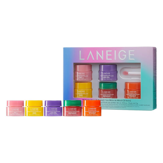 Laneige Midnight Minis Lip Sleeping Mask Set, featuring five small jars of lip masks in various colors: pink, yellow, purple, green, and orange. The set is packaged in a gradient pastel box with the 'LANEIGE' logo displayed, and a clear window showcasing the jars along with an applicator.