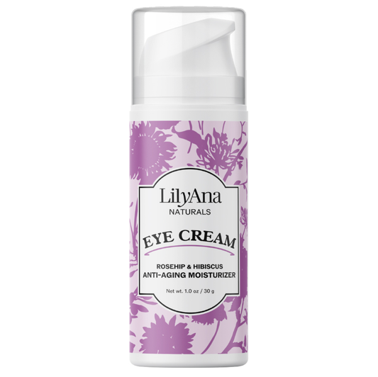 LilyAna Naturals eye cream bottle with purple floral design on a white background