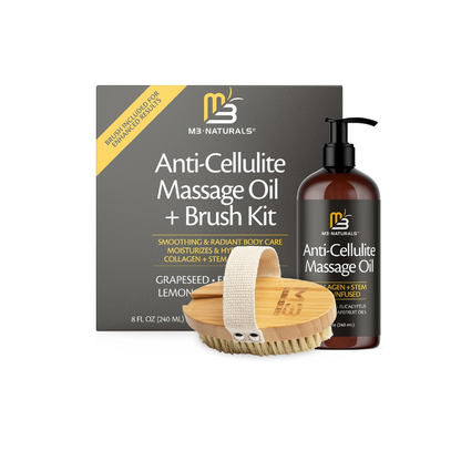 M3 Naturals Anti-Cellulite Massage Oil and Brush Kit with packaging and brush displayed.