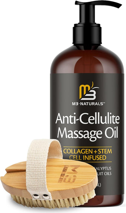 Anti-cellulite massage oil with a brush on a white background