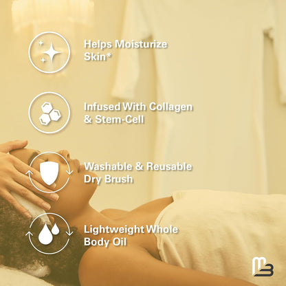 Person using a dry brush with text highlighting benefits on a beige background