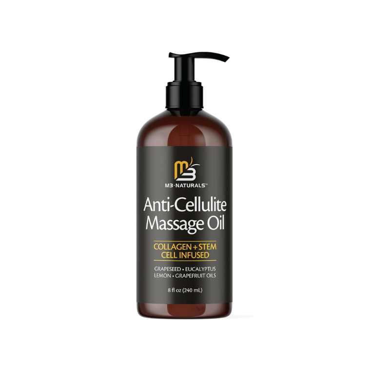 M3 Naturals Anti-Cellulite Massage Oil bottle with pump on a white background