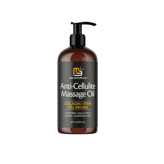M3 Naturals Anti-Cellulite Massage Oil bottle with pump on a white background