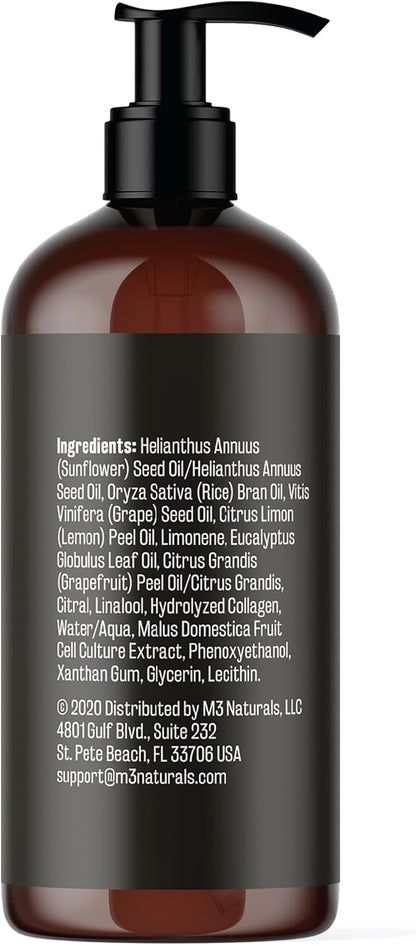 Brown bottle with pump and black label displaying ingredients on a white background