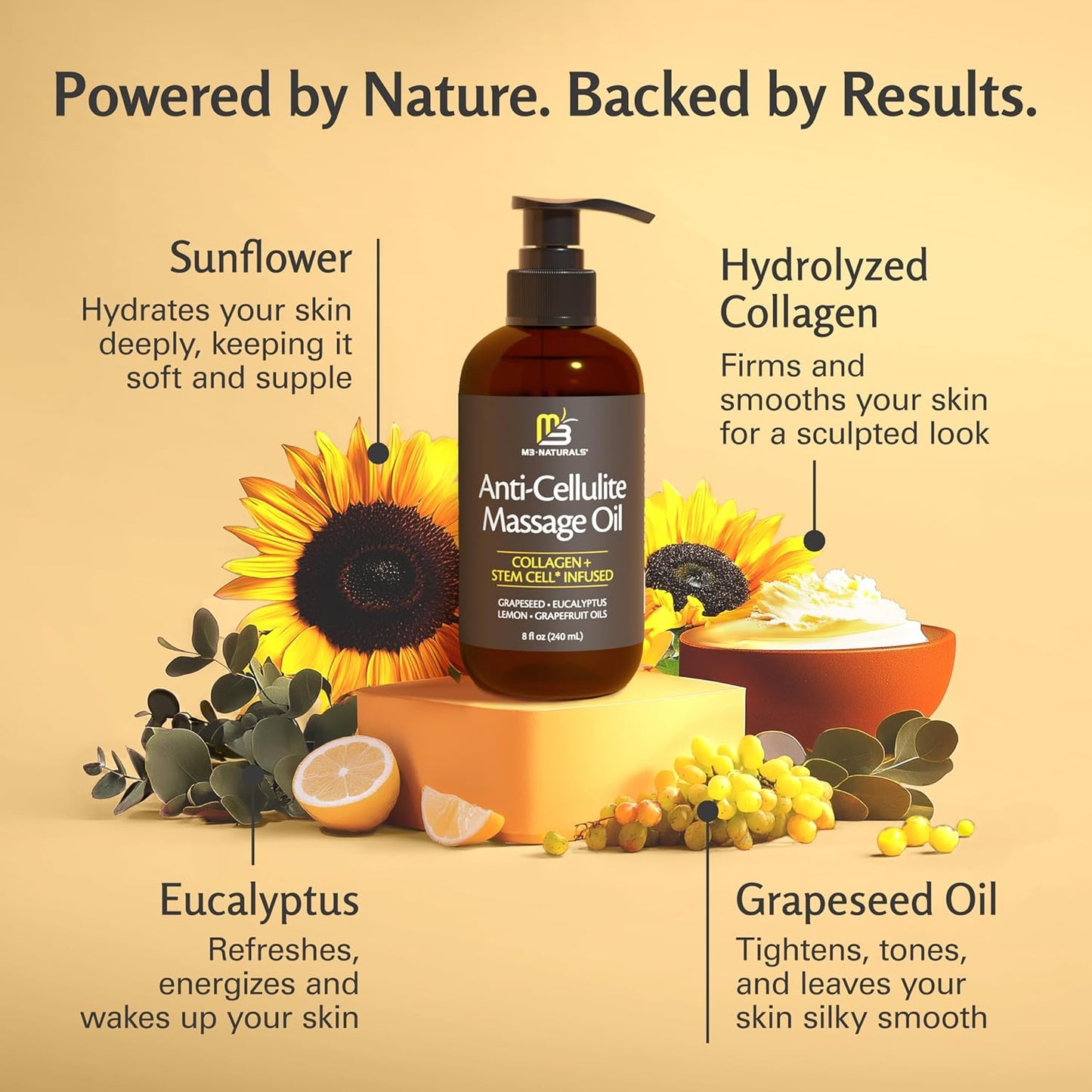 Massage oil bottle with sunflower, eucalyptus, and other natural elements on a beige background.