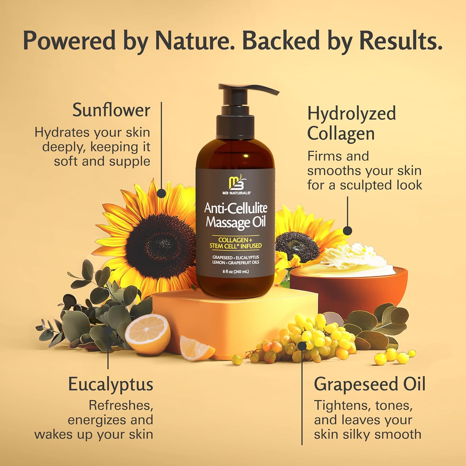 Massage oil bottle with sunflower, eucalyptus, and other natural elements on a beige background.