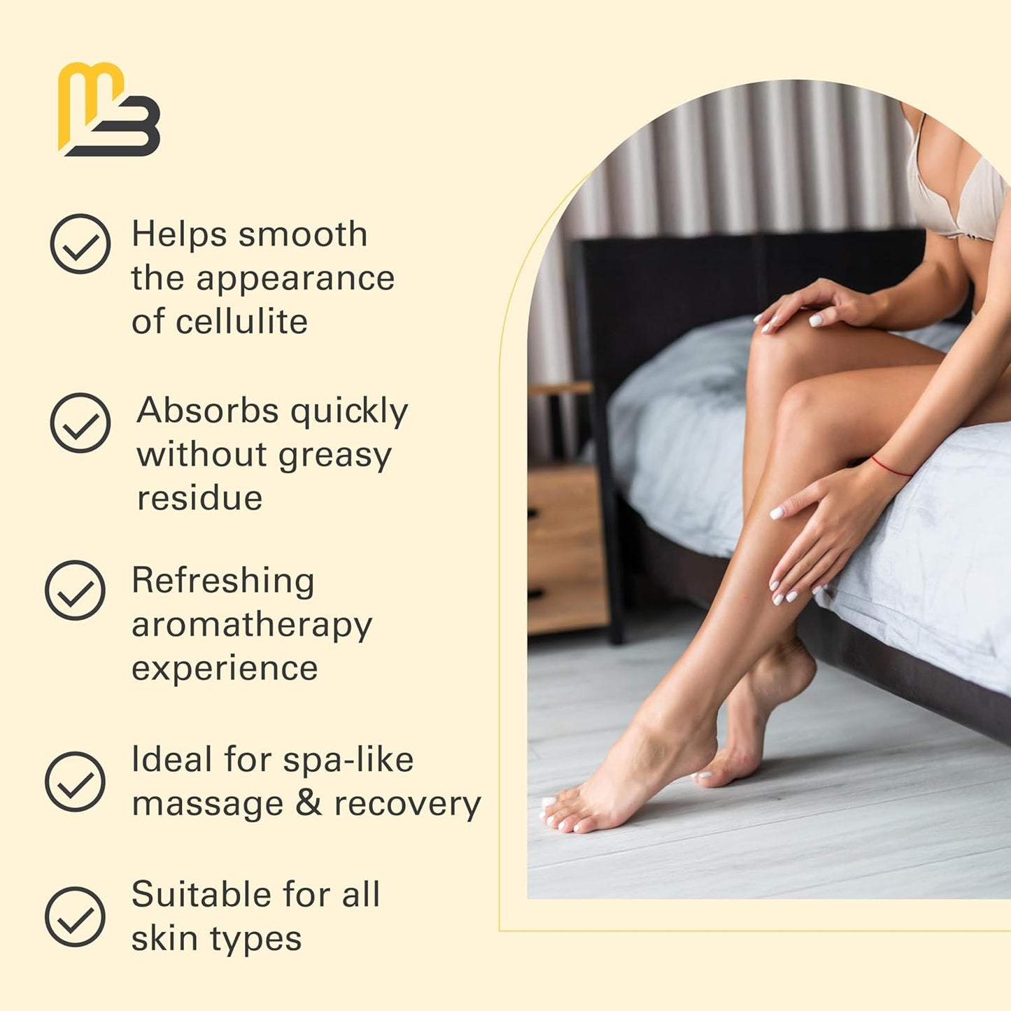 Woman sitting on a bed with smooth skin, featuring product benefits on the left.