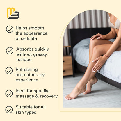 Woman sitting on a bed with smooth skin, featuring product benefits on the left.