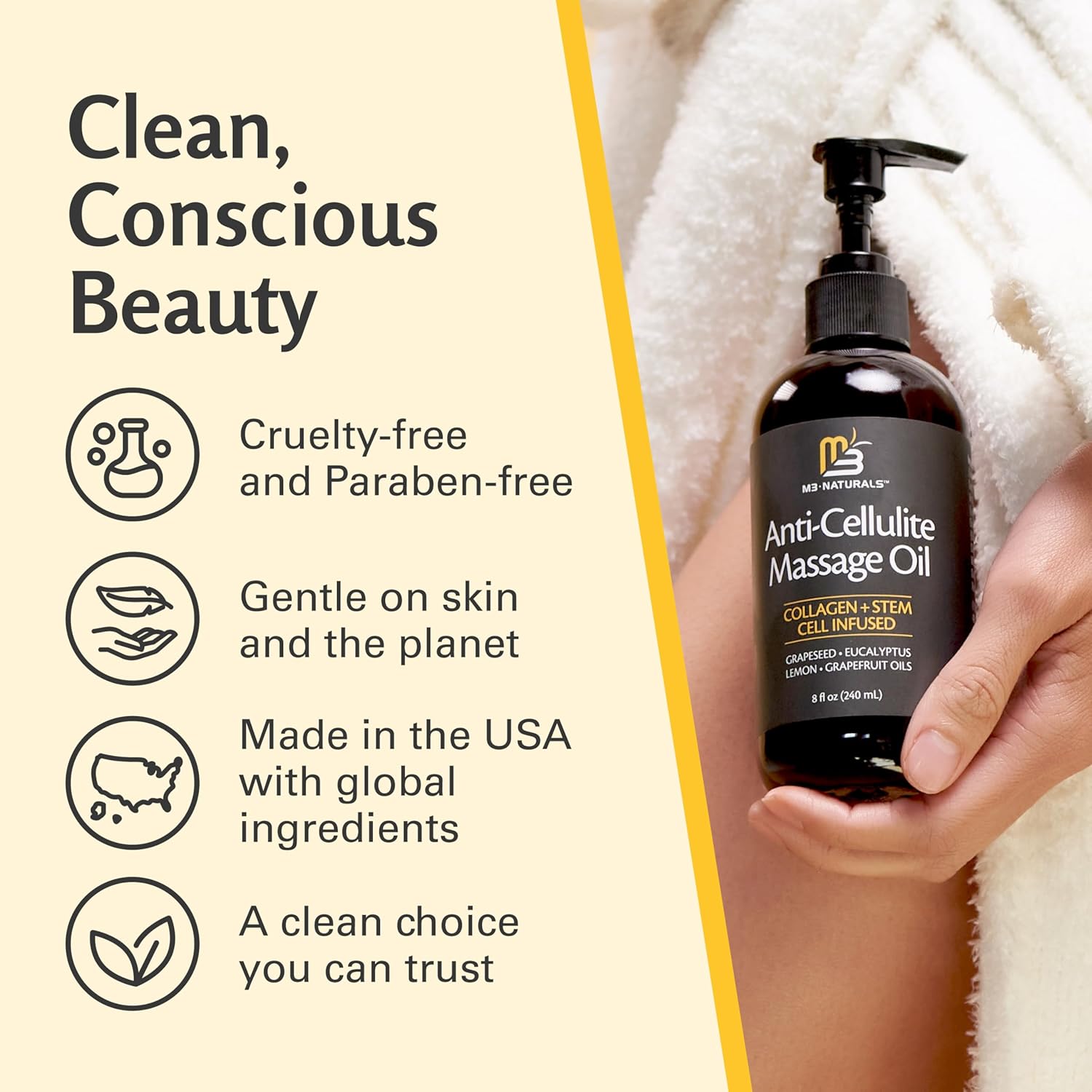 Bottle of massage oil held by a hand with 'Clean, Conscious Beauty' text and product features listed.