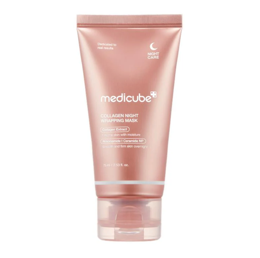 Pink tube of Medicube Collagen Night Dropping Mask on a white background