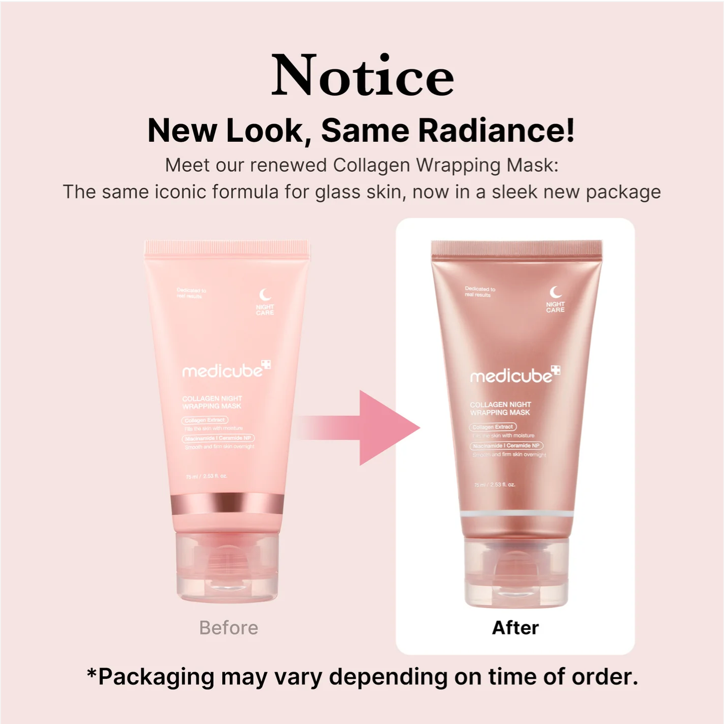 Collagen wrapping mask packaging comparison with 'Before' and 'After' labels on a light pink background.