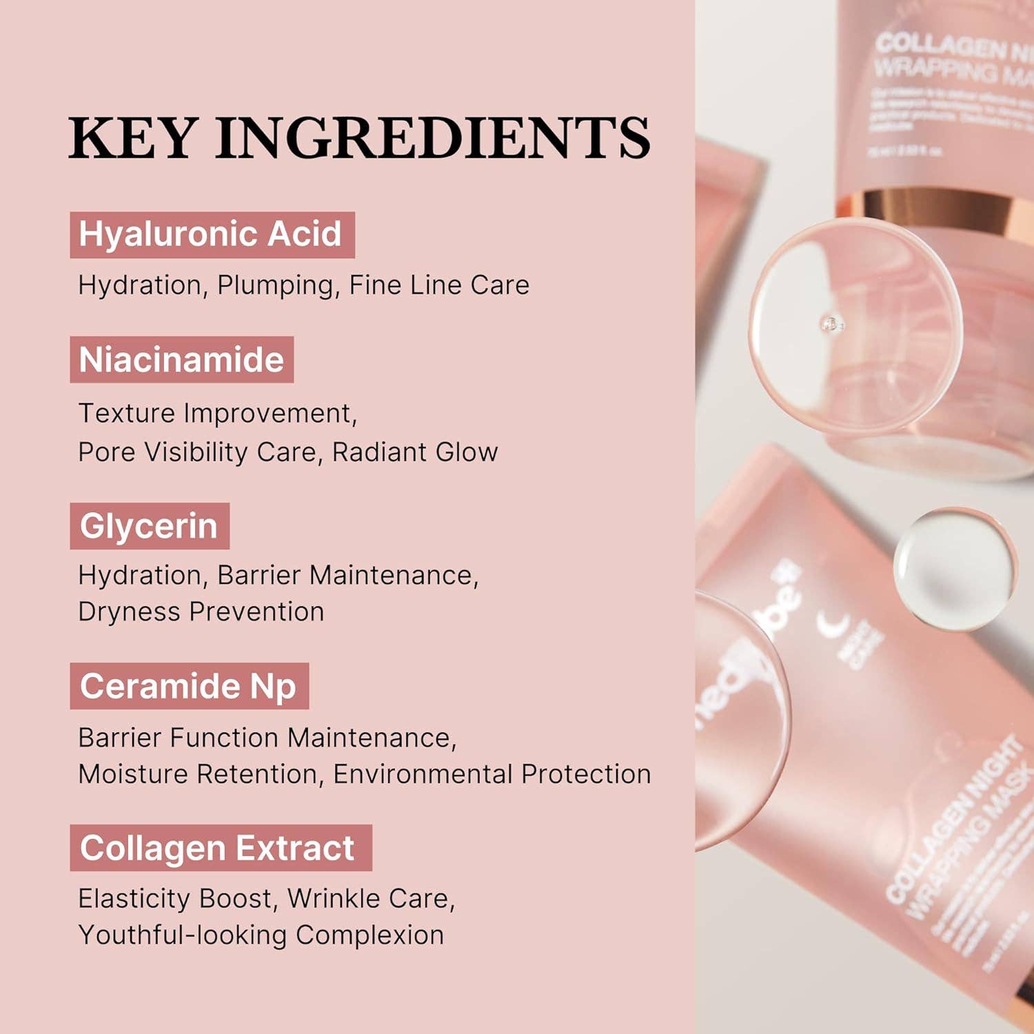 List of key ingredients for skincare products on a pink background with product images.