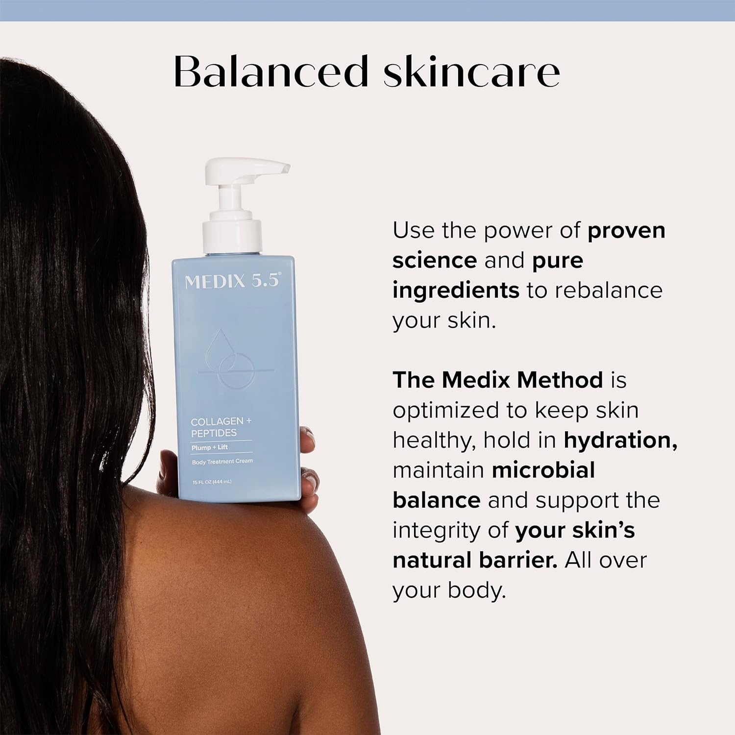 A person with long hair holds a blue bottle of MEDIX 5.5 Body Treatment Cream with Collagen + Peptides. Text on the right highlights benefits like hydration, skin elasticity, and microbial balance for healthy skin.
