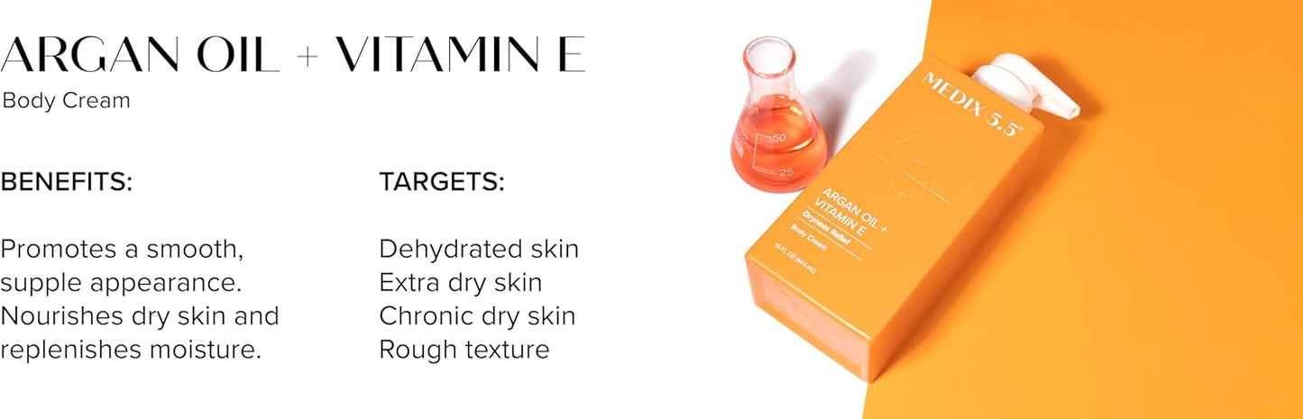 Image of an orange MEDIX 5.5 Anti Aging Body Cream box enriched with Argan Oil, Green Coffee extract, and Vitamin E. Includes a small beaker of oil. Text highlights benefits: smooths skin, nourishes, and moisturizes; targets dehydrated, extra dry, and rough skin.