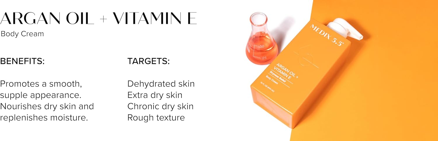 Image of an orange MEDIX 5.5 Anti Aging Body Cream box enriched with Argan Oil, Green Coffee extract, and Vitamin E. Includes a small beaker of oil. Text highlights benefits: smooths skin, nourishes, and moisturizes; targets dehydrated, extra dry, and rough skin.