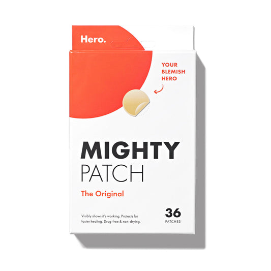 The image showcases Hero Cosmetics Mighty Patch® The Original, a 36 Hydrocolloid pimple patch set. The mostly white box features red accents and highlights its fast-healing and drug-free formula with an illustration of a patch.