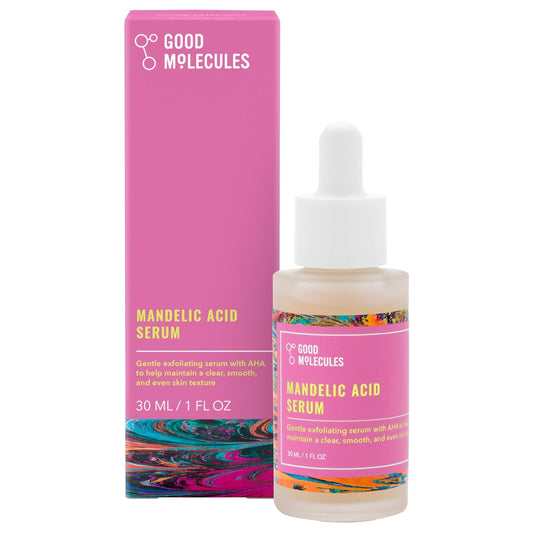 Good Molecules Mandelic Acid Serum (30ml/1oz) in a glass dropper bottle with a pink label, next to its matching pink box featuring product details.
