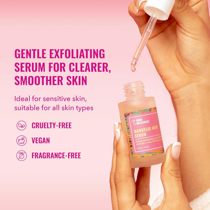 Image highlighting Good Molecules Mandelic Acid Serum as a gentle exfoliating serum for clearer, smoother skin. It is cruelty-free, vegan, and fragrance-free, making it ideal for sensitive skin and suitable for all skin types. The image shows a hand holding the serum bottle while using the dropper.