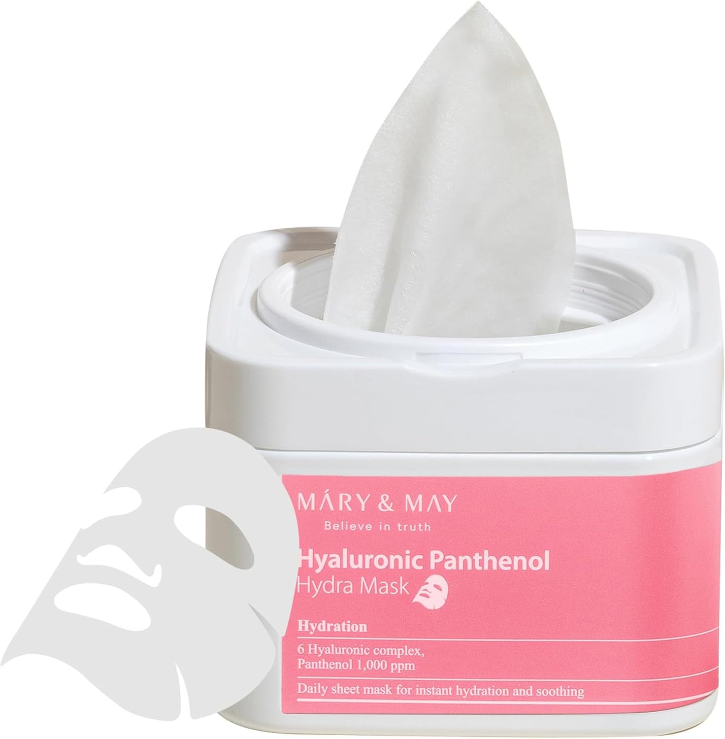 Mary & May Hyaluronic Panthenol Hydra Mask with 6 Hyaluronic Complex and 1000 ppm Panthenol. Deeply hydrating and soothing daily sheet mask for dry skin.