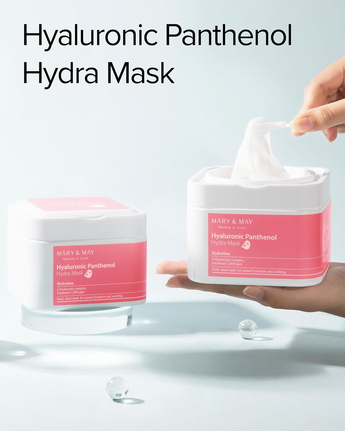 Mary & May Hyaluronic Panthenol Hydra Mask deeply hydrates and soothes skin with hyaluronic acid and panthenol. Ideal for daily moisture boost and skin repair.