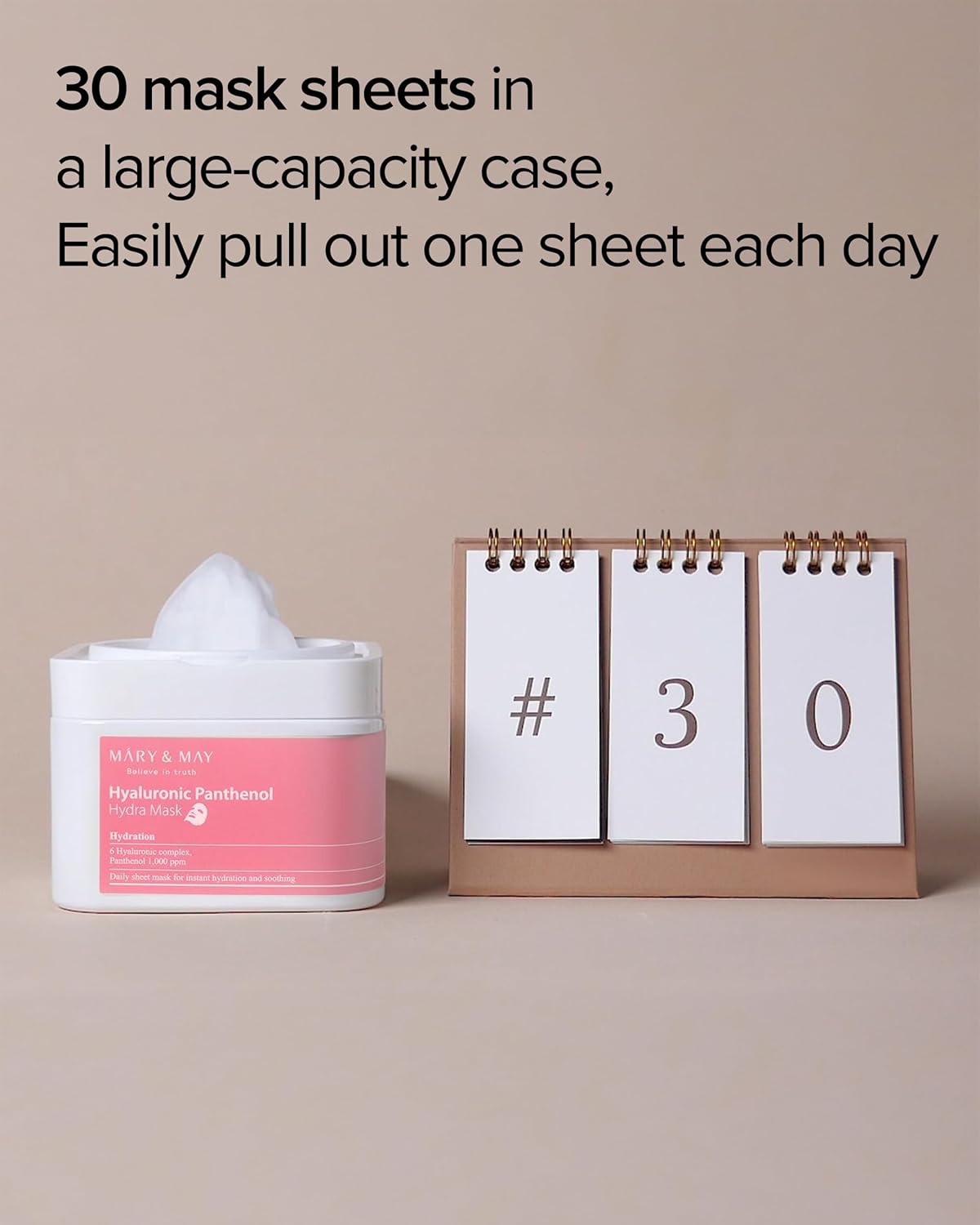 Mary & May Hyaluronic Panthenol Hydra Mask contains 30 daily sheet masks for deep hydration and soothing. Convenient skincare for glowing, moisturized skin.