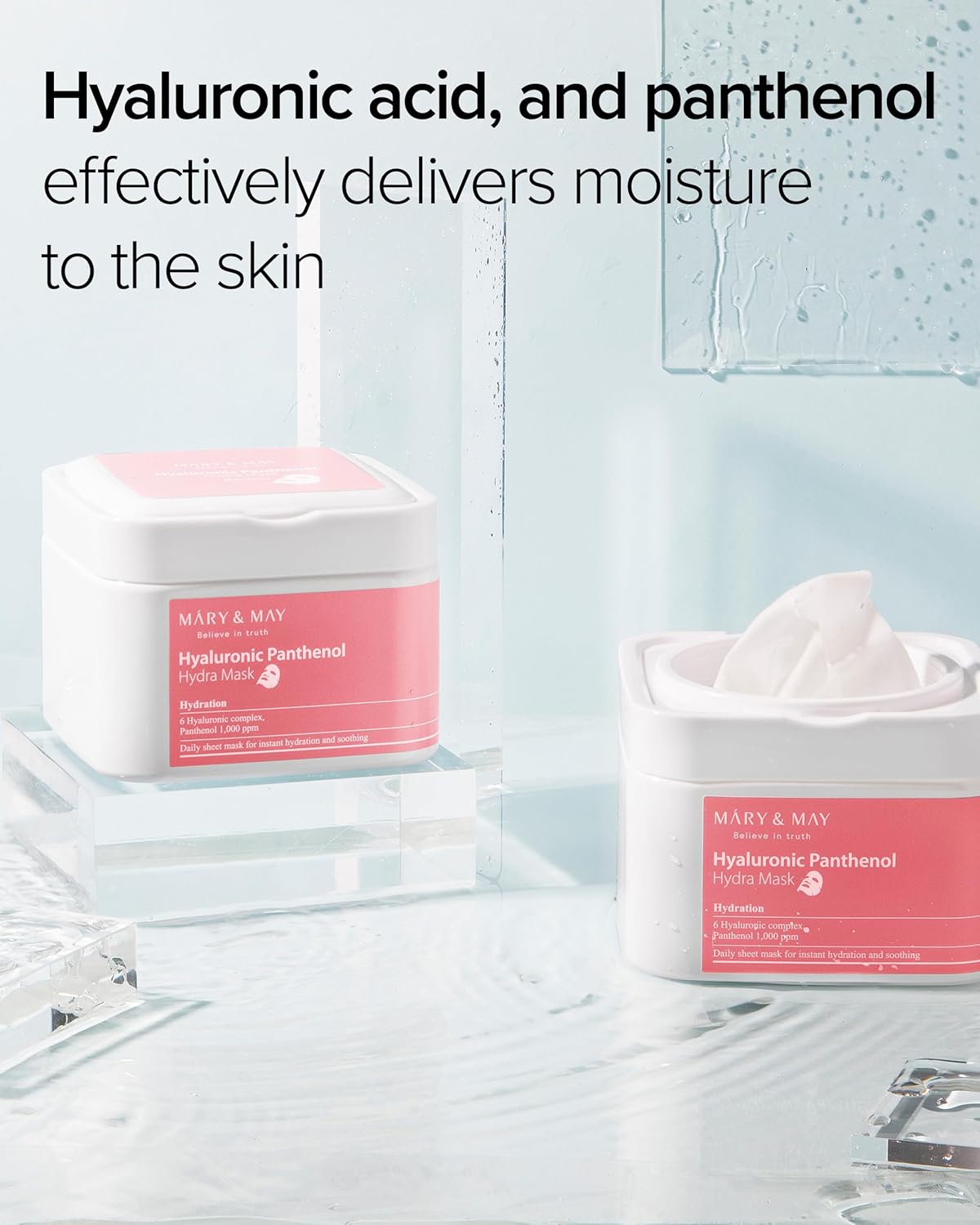 Mary & May Hyaluronic Panthenol Hydra Mask deeply hydrates and soothes skin with hyaluronic acid and panthenol. Perfect for dry, sensitive skin.
