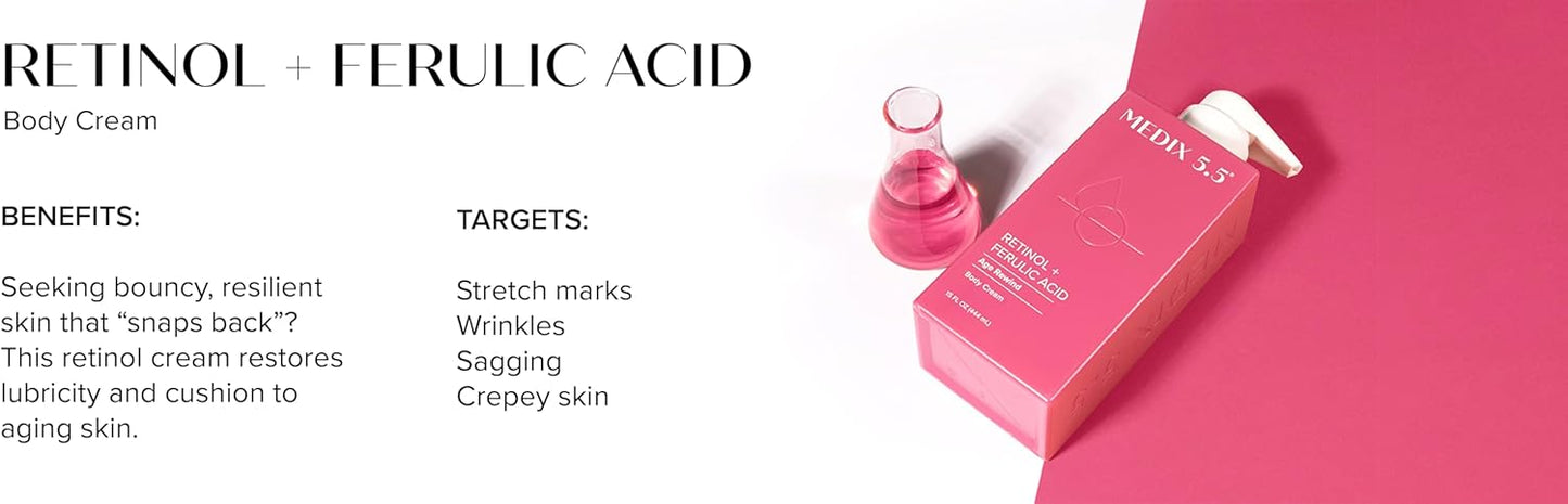 The image features a pink box of MEDIX 5.5 Body Cream with Retinol + Ferulic Acid and a small glass flask with pink liquid, highlighting its anti-aging ingredients that boost collagen production to increase skin resilience and target stretch marks and wrinkles.