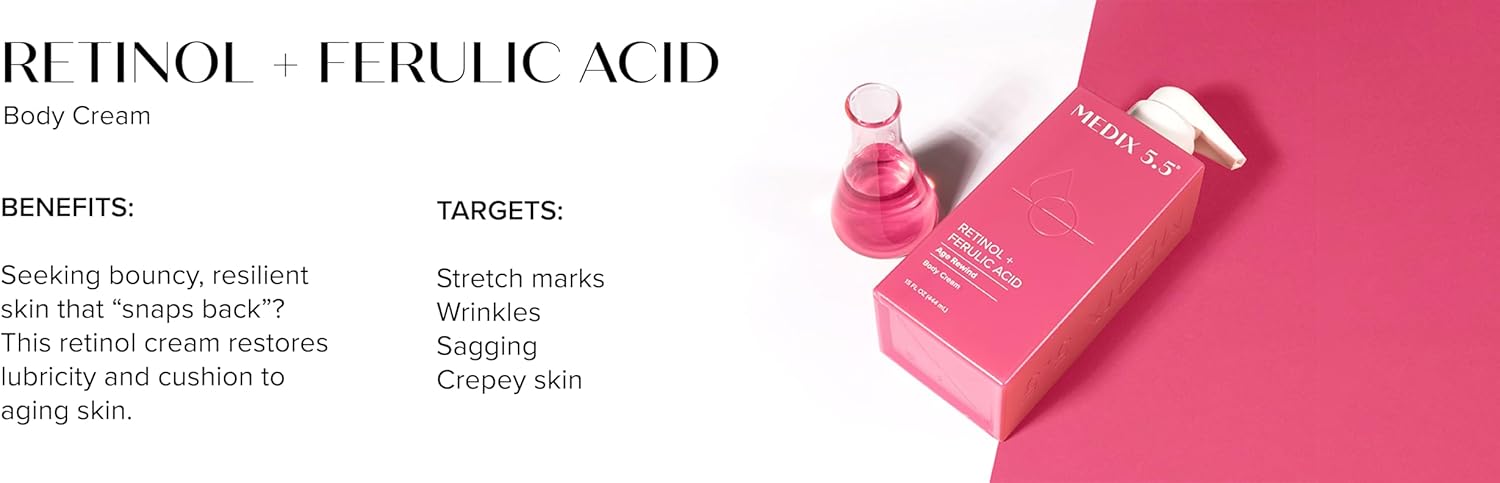 The image features a pink box of MEDIX 5.5 Body Cream with Retinol + Ferulic Acid and a small glass flask with pink liquid, highlighting its anti-aging ingredients that boost collagen production to increase skin resilience and target stretch marks and wrinkles.