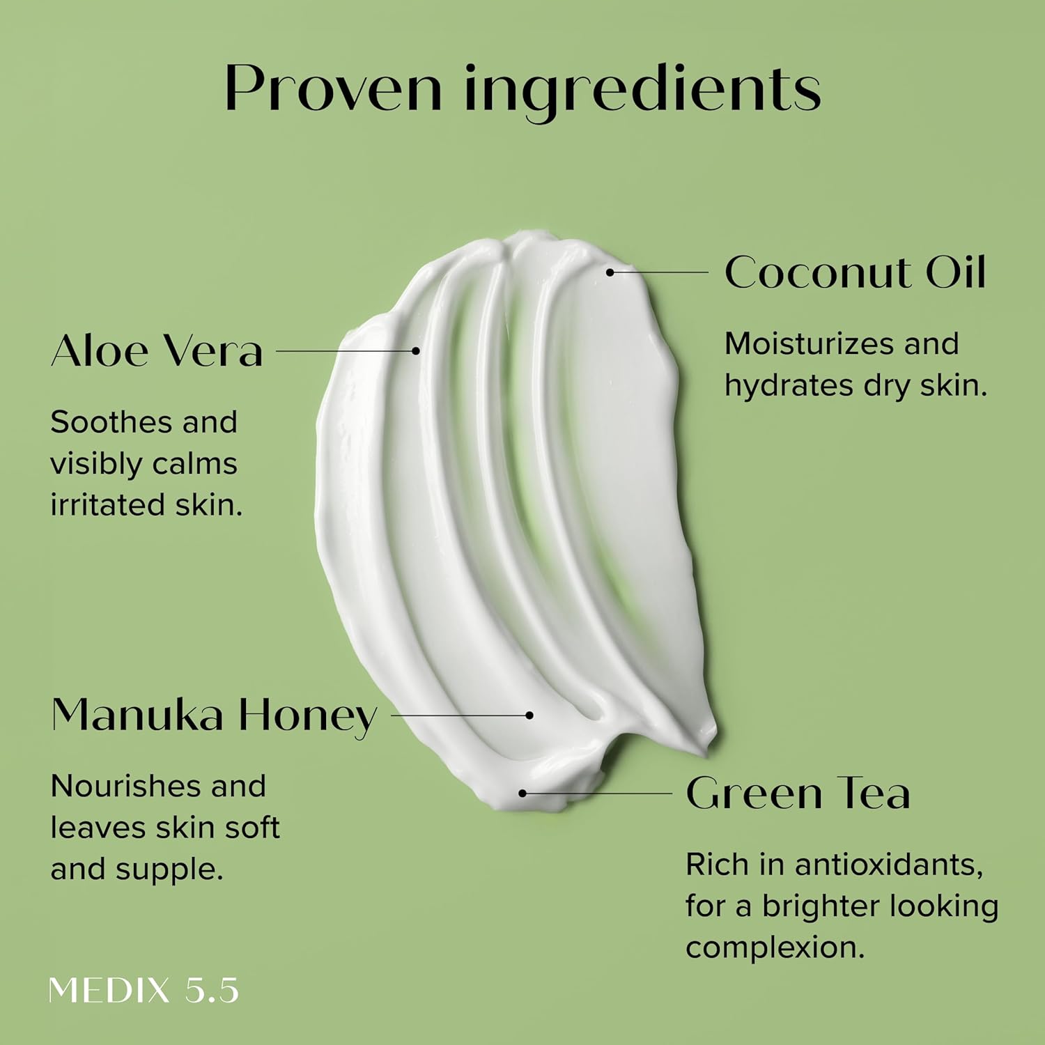 A green background displays white cream swatches labeled with Aloe Vera (soothes), Manuka Honey (nourishes), and Coconut Oil (moisturizes). Text reads Proven ingredients. Perfect for MEDIX 5.5 Body Treatment Cream with Coconut Oil + Manuka Honey to brighten your complexion.