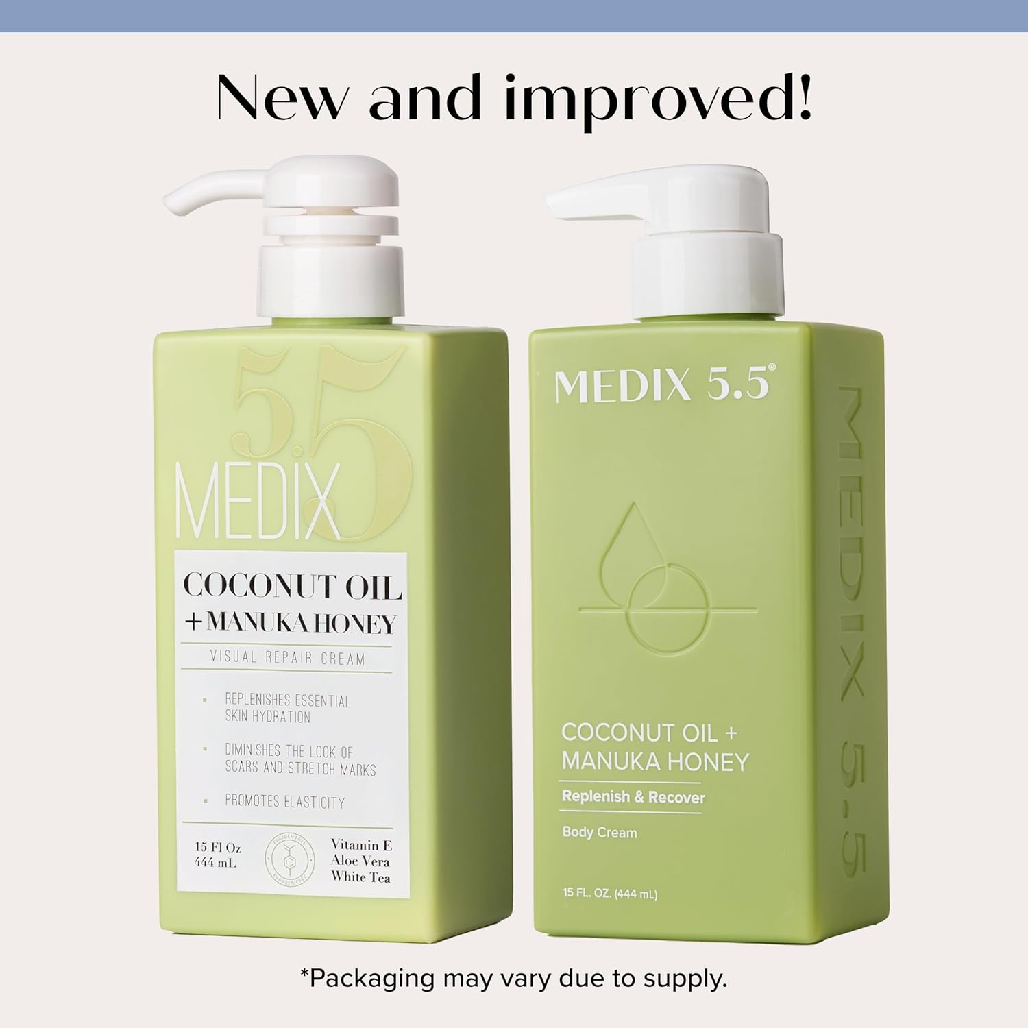 Two light green bottles of MEDIX 5.5 Body Treatment Cream with Coconut Oil + Manuka Honey in 15 fl. oz. and 17 fl. oz., featuring a New and improved! formula, promise to replenish moisture and promote skin elasticity for silky smoothness.
