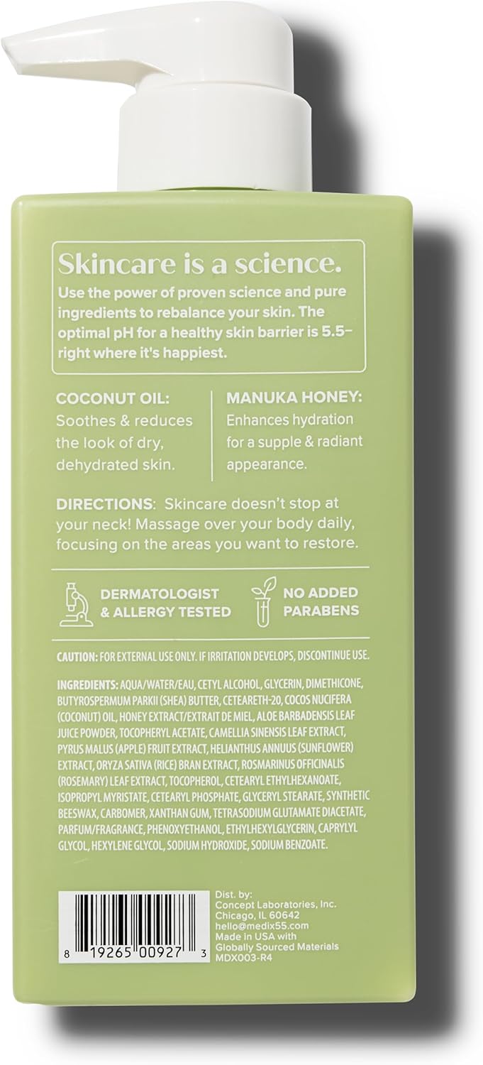 The MEDIX 5.5 Body Treatment Cream, in a green pump bottle with white text, highlights the benefits of coconut oil and Manuka honey. Its dermatologically tested, paraben-free, with clear usage directions and caution for your convenience.