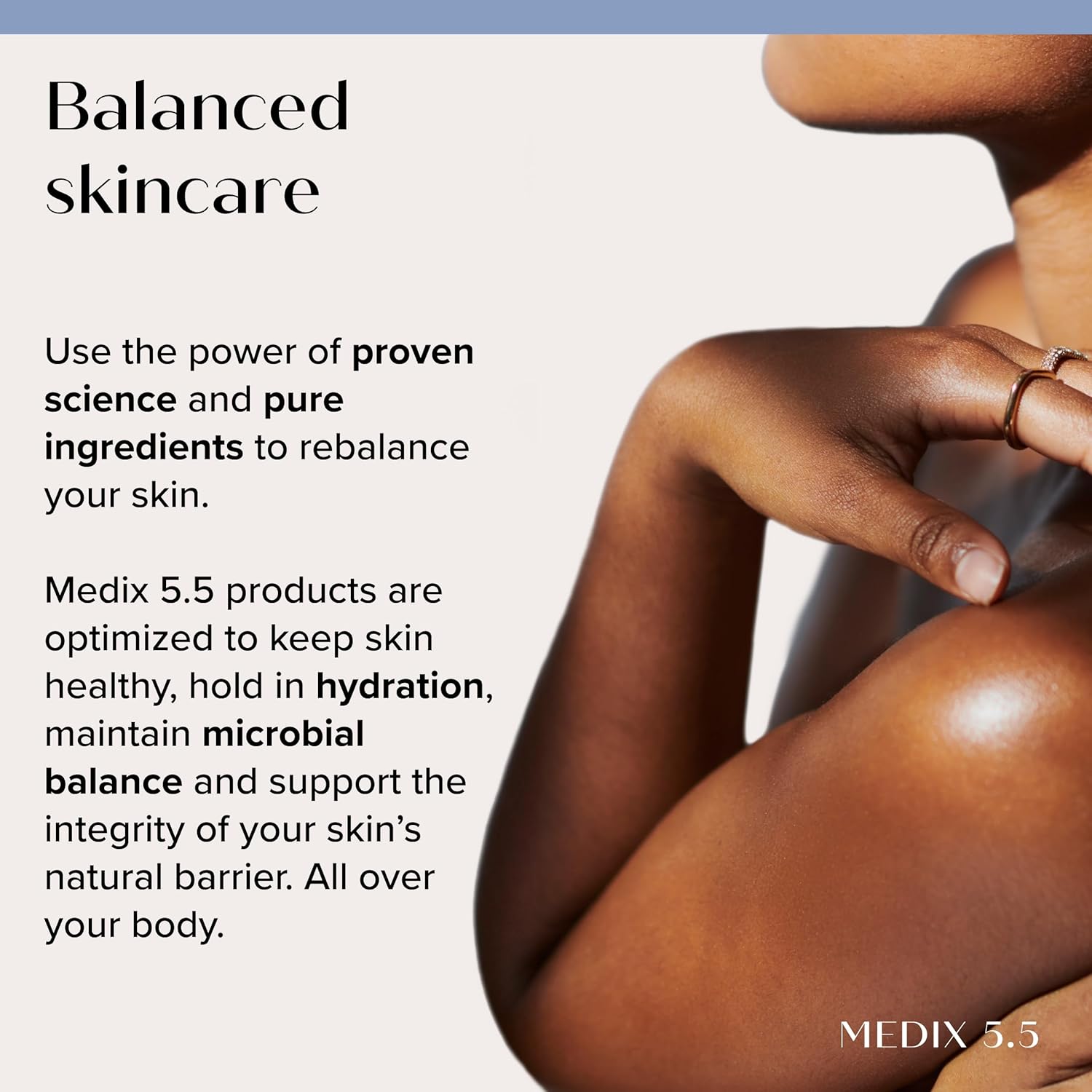 Close-up of a persons arm against a beige backdrop promoting MEDIX 5.5 Body Treatment Cream with Coconut Oil + Manuka Honey, highlighting science-backed benefits like moisturizing and improved microbial balance for skin health.