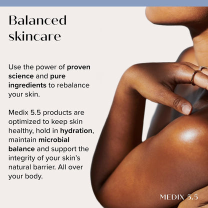 Close-up of a persons arm against a beige backdrop promoting MEDIX 5.5 Body Treatment Cream with Coconut Oil + Manuka Honey, highlighting science-backed benefits like moisturizing and improved microbial balance for skin health.