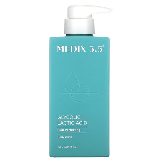 The Medix 5.5 Skin Perfecting Body Wash, Glycolic + Lactic Acid, comes in a turquoise rectangular 444 mL bottle with a white pump and features a subtle droplet design on the front.