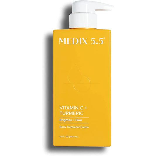 Yellow bottle of Medix 5.5 Vitamin C + Turmeric body treatment cream on a white background