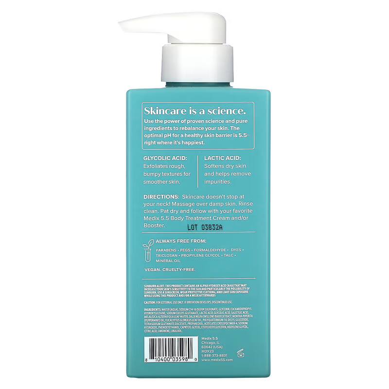 The Medix 5.5 Skin Perfecting Body Wash (444ml) has a teal bottle with a pump, labeled Skincare is a science. It features glycolic and lactic acids, provides usage directions, and lists ingredients it lacks like parabens and artificial fragrances.