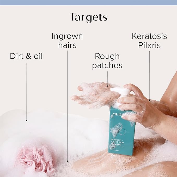 A person in a bubble bath uses Medix 5.5 Skin Perfecting Body Wash, Glycolic + Lactic Acid, from a green bottle to target dirt & oil, ingrown hairs, rough patches, and keratosis pilaris. A pink bath sponge is visible beside them.