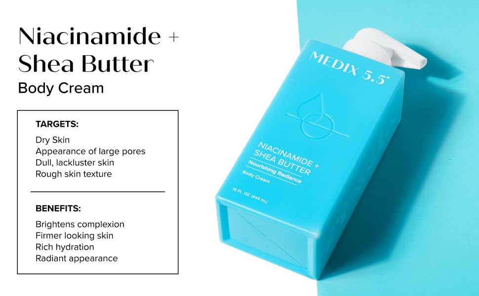 A blue bottle of MEDIX 5.5 Niacinamide + Shea Butter Body Cream (New) rests on a light blue background, emphasizing its nourishing formula that brightens, firms, and hydrates skin while addressing dryness, large pores, dullness, and rough texture.