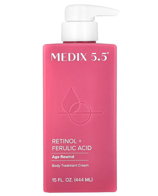 The MEDIX 5.5 Body Cream, branded Age Rewind, comes in a pink 15 fl. oz. (444 ml) bottle with a white pump cap and features retinol and ferulic acid to enhance collagen production for anti-aging effects.