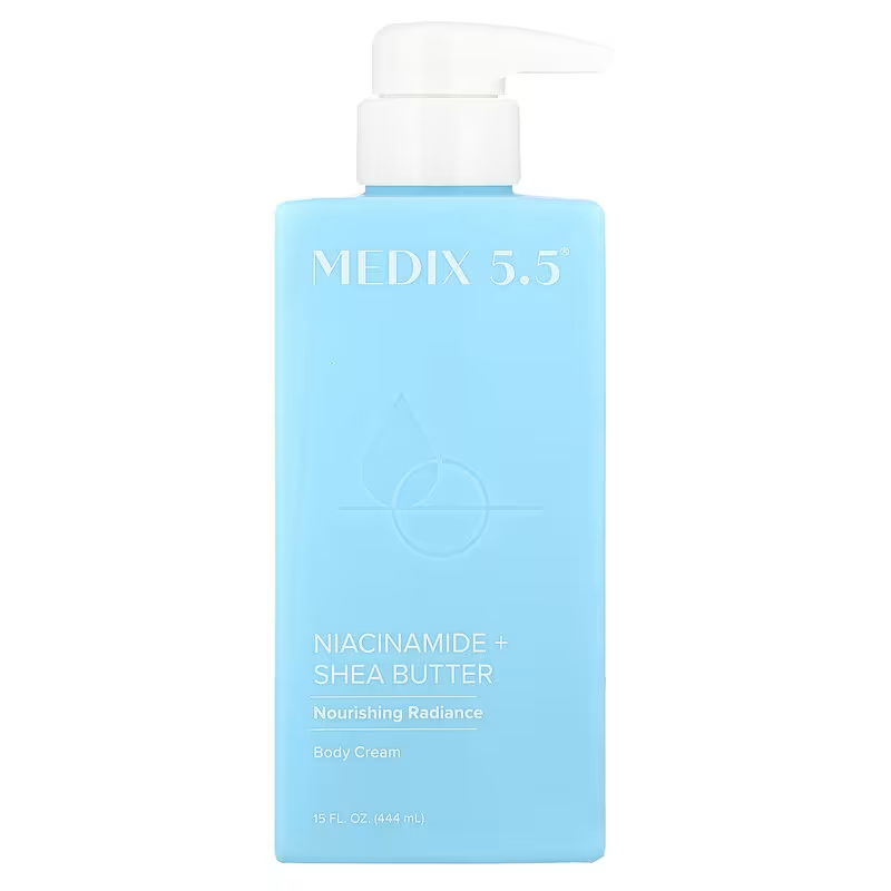 A 15 fl oz (444 mL) blue bottle of MEDIX 5.5 Niacinamide + Shea Butter Body Cream (New) features a white pump and Nourishing Radiance label, combining Niacinamide and Shea Butter for soft, hydrated skin.
