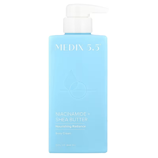 A 15 fl oz (444 mL) blue bottle of MEDIX 5.5 Niacinamide + Shea Butter Body Cream (New) features a white pump and Nourishing Radiance label, combining Niacinamide and Shea Butter for soft, hydrated skin.