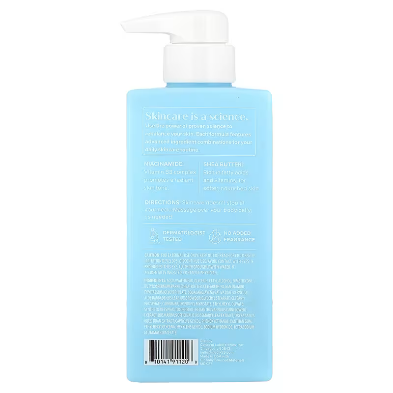 A blue rectangular MEDIX 5.5 bottle with a white pump features the Medix 5.5 Niacinamide + Shea Butter Body Cream (New) label, listing niacinamide, shea butter, vitamin B3 complex, use directions, and icons for dermatologist tested and fragrance free.