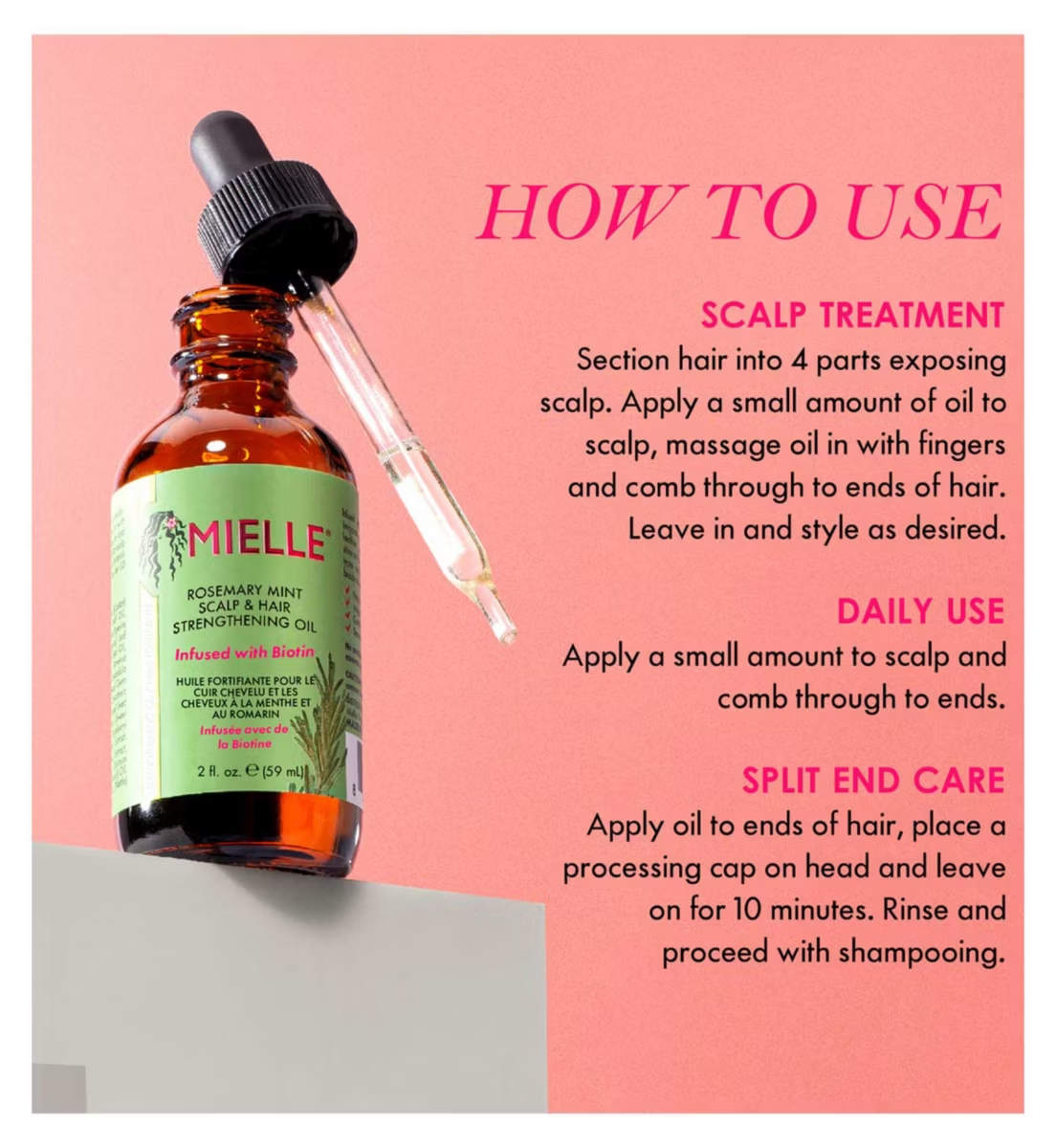 Mielle Scalp Treatment oil with dropper on a pink background