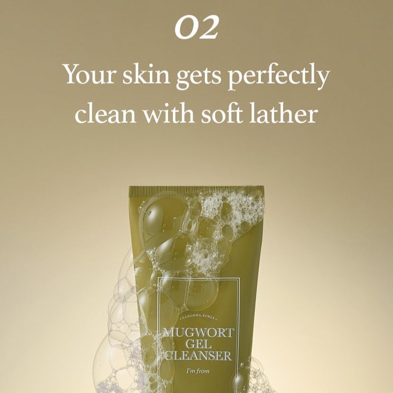 The IM FROM Mugwort Gel Cleanser 150ml lies on a beige backdrop, partly covered with bubbles. Above it, white text declares, Your skin gets perfectly clean with soft lather and pore cleansing perfection.