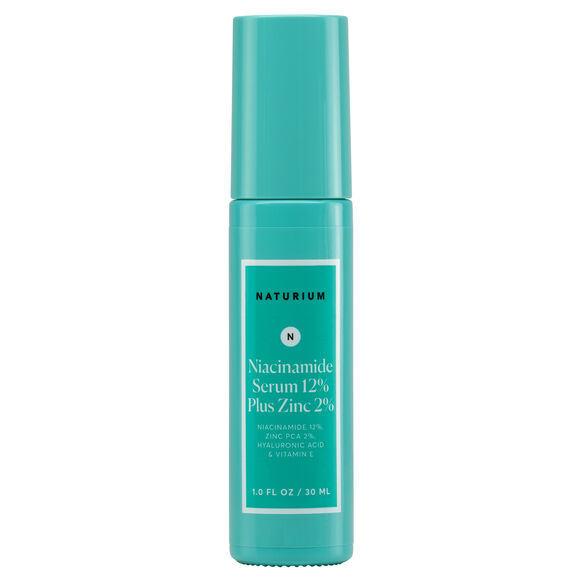 A teal 30ml bottle of NATURIUM Niacinamide Serum 12% Plus Zinc 2% features white text on the front displaying the NATURIUM brand, product name, and key ingredients.