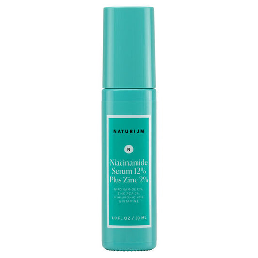 A teal 30ml bottle of NATURIUM Niacinamide Serum 12% Plus Zinc 2% features white text on the front displaying the NATURIUM brand, product name, and key ingredients.