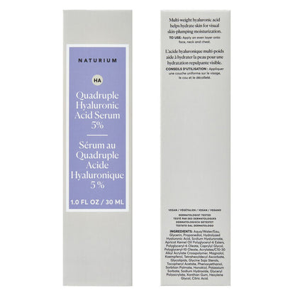 Front and side view of the NATURIUM Quadruple Hyaluronic Acid Serum 5% (30ml) box. The front features the hydrating serum name and size, while the side lists ingredients to plump skin and deliver lasting moisture.