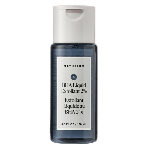 A clear bottle of Naturium BHA Liquid Exfoliant 2% (120ml) – Pore Refining Exfoliant with a white flip-top cap and label, featuring English and French details. This salicylic acid formula helps unclog pores for smoother skin.